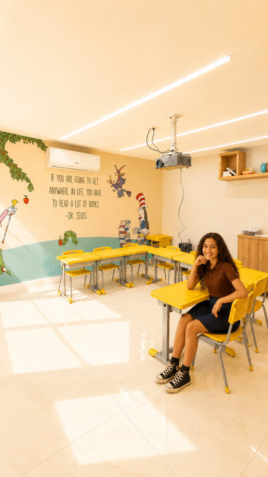 Sala de aula com mural Dr. Seuss